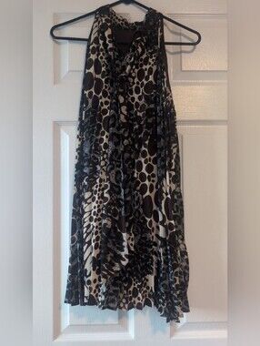Agora Black and Cream Abstract Mixed Print Halter Pleated Plisse Mini Dress